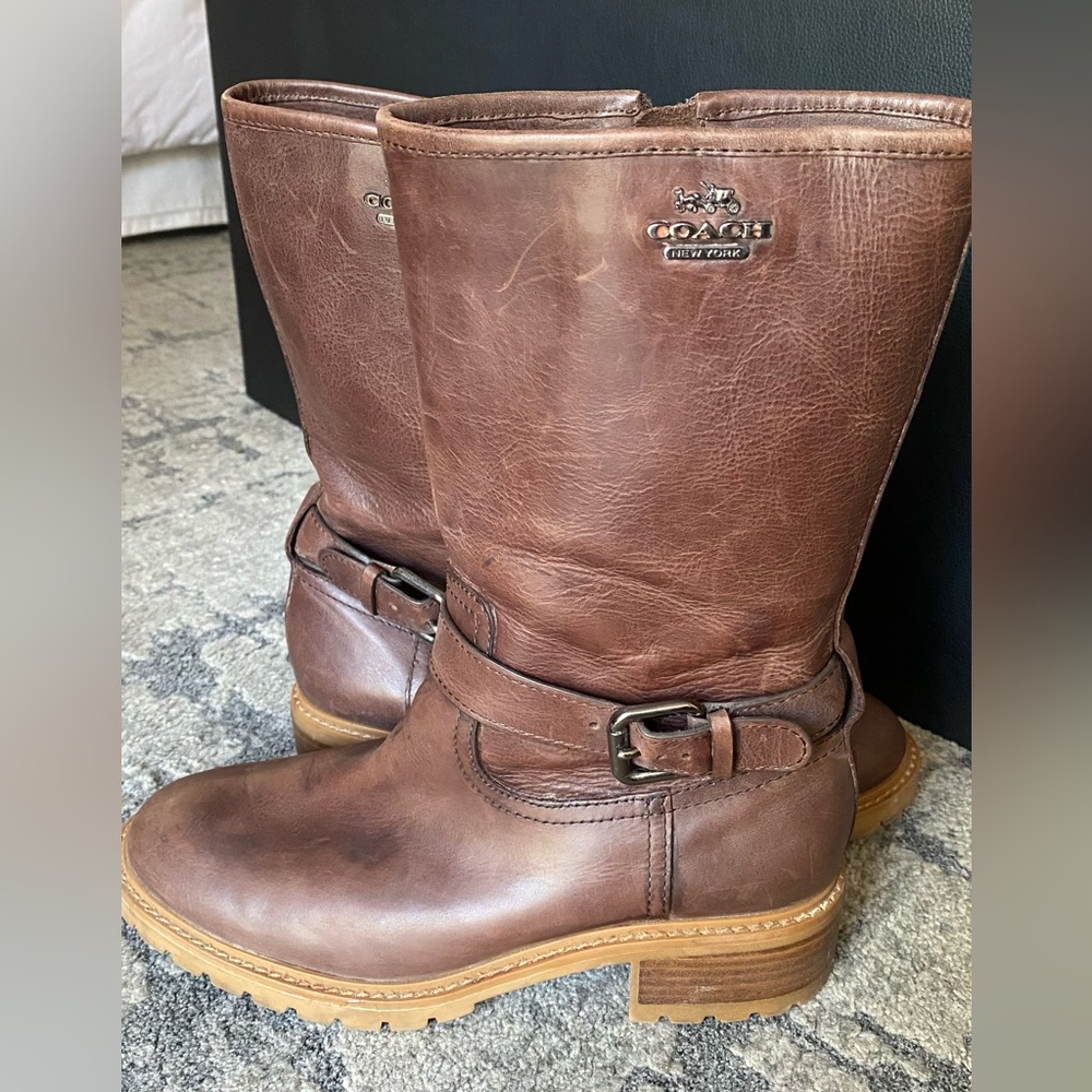 Coach Genie Wax Calf Boots Lug Sole Mid Shaft Dark Smoke Sz 71/2